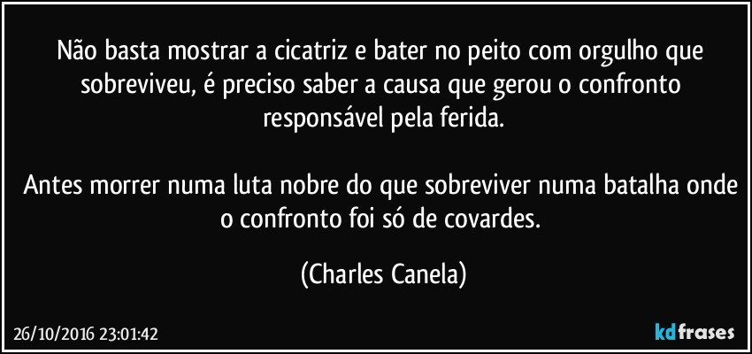 Não basta mostrar a cicatriz e bater no peito com orgulho que sobreviveu, é preciso saber a causa que gerou o confronto responsável pela ferida.

Antes morrer numa luta nobre do que sobreviver numa batalha onde o confronto foi só de covardes. (Charles Canela)