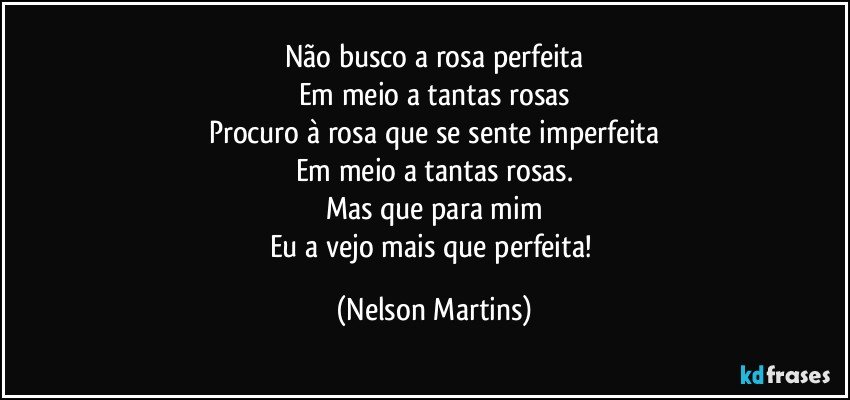 Não busco a rosa perfeita
Em meio a tantas rosas
Procuro à rosa que se sente imperfeita
Em meio a tantas rosas.
Mas que para mim
Eu a vejo mais que perfeita! (Nelson Martins)