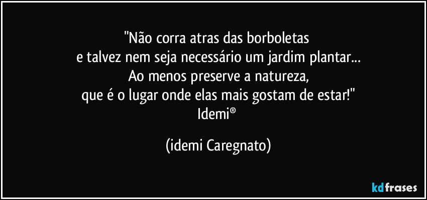 "Não corra atras das borboletas 
e talvez nem seja necessário um jardim plantar...
Ao menos preserve a natureza,
que é o lugar onde elas mais gostam de estar!"
Idemi® (Idemi Caregnato)