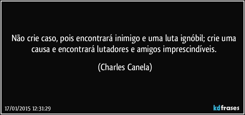 Não crie caso, pois encontrará inimigo e uma luta ignóbil; crie uma causa e encontrará lutadores e amigos imprescindíveis. (Charles Canela)