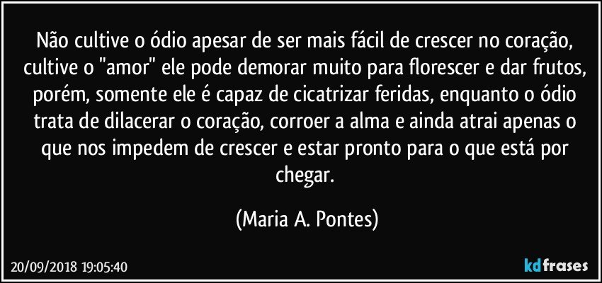 Não cultive o ódio apesar de ser mais fácil de crescer no coração, cultive o "amor" ele pode demorar muito para florescer e dar frutos, porém, somente ele é capaz de cicatrizar feridas, enquanto o ódio trata de dilacerar o coração, corroer a alma e ainda atrai apenas o que nos impedem de crescer e estar pronto para o que está por chegar. (Maria A. Pontes)