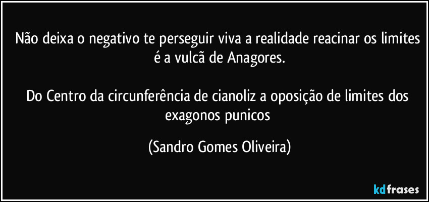 Não deixa o negativo te perseguir viva a realidade reacinar os limites é a vulcã de Anagores.

Do Centro da circunferência de cianoliz a oposição de limites dos exagonos punicos (Sandro Gomes Oliveira)