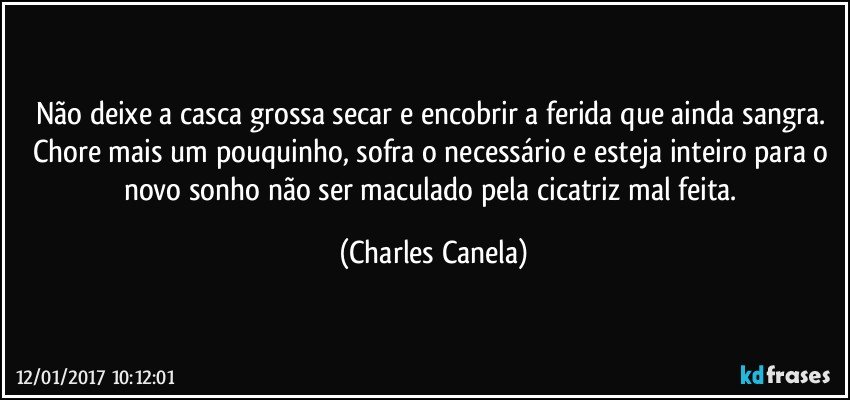 Não deixe a casca grossa secar e encobrir a ferida que ainda sangra. Chore mais um pouquinho, sofra o necessário e esteja inteiro para o novo sonho não ser maculado pela cicatriz mal feita. (Charles Canela)