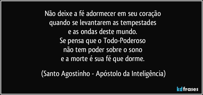 Não deixe a fé adormecer em seu coração 
quando se levantarem as tempestades 
e as ondas deste mundo. 
Se pensa que o Todo-Poderoso 
não tem poder sobre o sono 
e a morte é sua fé que dorme. (Santo Agostinho - Apóstolo da Inteligência)