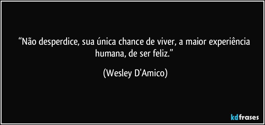 “Não desperdice, sua única chance de viver, a maior experiência humana, de ser feliz.” (Wesley D'Amico)