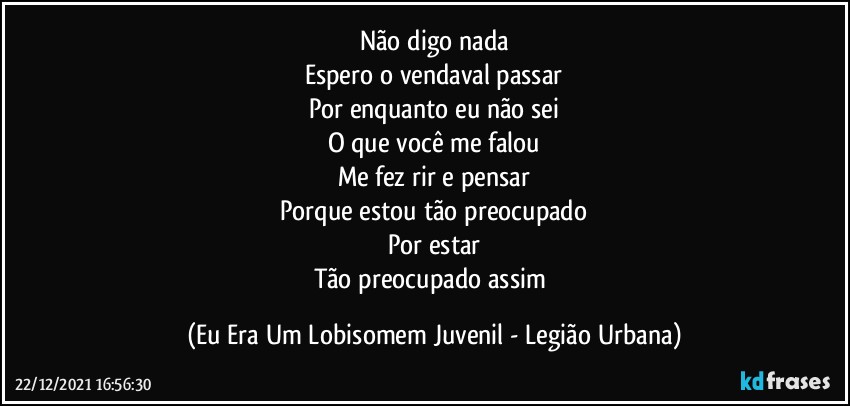 Não digo nada
Espero o vendaval passar
Por enquanto eu não sei
O que você me falou
Me fez rir e pensar
Porque estou tão preocupado
Por estar
Tão preocupado assim (Eu Era Um Lobisomem Juvenil - Legião Urbana)