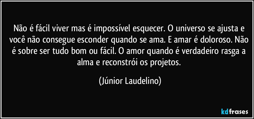 Não é fácil viver mas é impossível esquecer. O universo se ajusta e você não consegue esconder quando se ama. E amar é doloroso. Não é sobre ser tudo bom ou fácil. O amor quando é verdadeiro rasga a alma e reconstrói os projetos. (Júnior Laudelino)