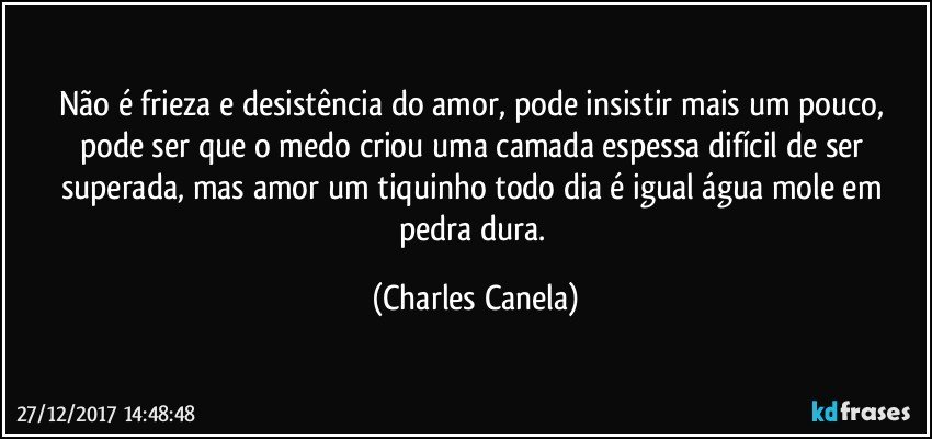 Não é frieza e desistência do amor, pode insistir mais um pouco, pode ser que o medo criou uma camada espessa difícil de ser superada, mas amor um tiquinho todo dia é igual água mole em pedra dura. (Charles Canela)