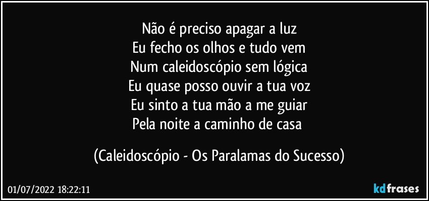 Não é preciso apagar a luz
Eu fecho os olhos e tudo vem
Num caleidoscópio sem lógica
Eu quase posso ouvir a tua voz
Eu sinto a tua mão a me guiar
Pela noite a caminho de casa (Caleidoscópio - Os Paralamas do Sucesso)