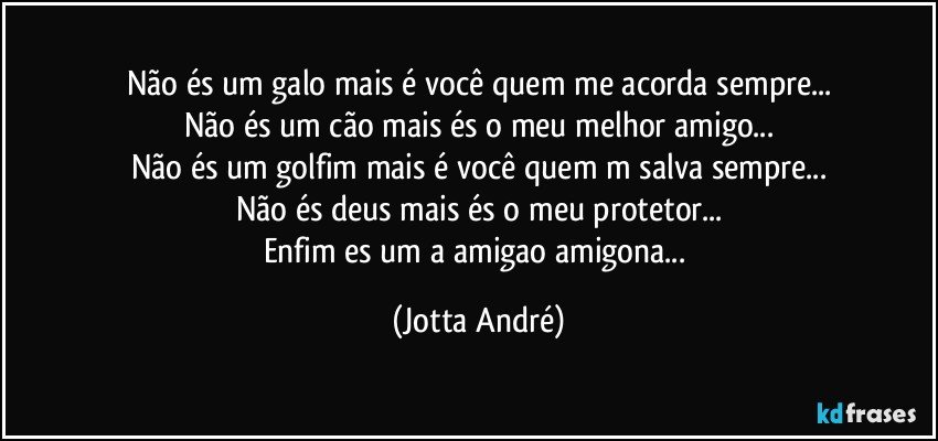 Não és um galo mais é você quem me acorda sempre...
Não és um cão mais és o meu melhor amigo...
Não és um golfim mais é você quem m salva sempre...
Não és deus mais és o meu protetor...
Enfim es um/a amigao/amigona... (Jotta André)