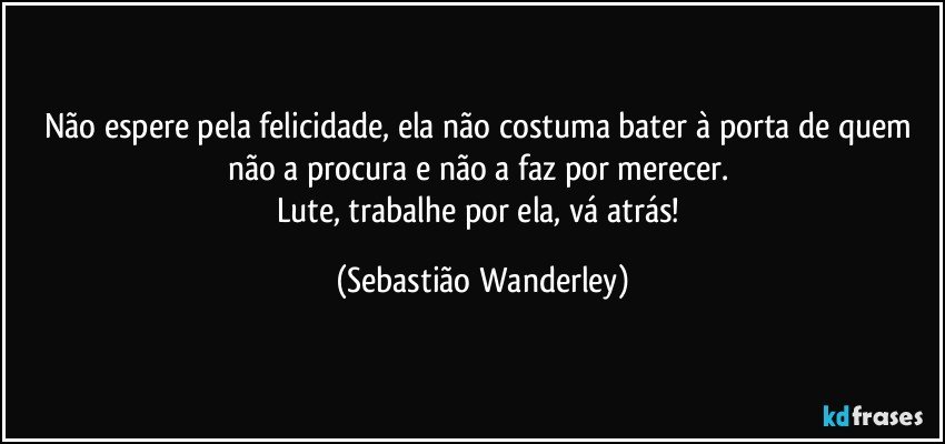 Não espere pela felicidade, ela não costuma bater à porta de quem não a procura e não a faz por merecer. 
Lute, trabalhe por ela, vá atrás! (Sebastião Wanderley)