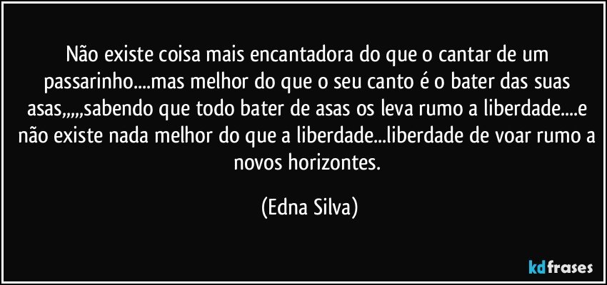 Não existe coisa mais encantadora do que o cantar de um passarinho...mas melhor do que o seu canto é o bater das suas asas,,,,,sabendo que todo bater de asas os leva rumo a liberdade...e não existe nada melhor do que a liberdade...liberdade de voar rumo a novos horizontes. (Edna Silva)