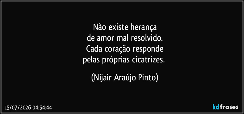 Não existe herança
de amor mal resolvido.
Cada coração responde
pelas próprias cicatrizes. (Nijair Araújo Pinto)