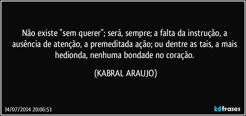 Não existe "sem querer"; será, sempre; a falta da instrução, a ausência de atenção, a premeditada ação; ou dentre as tais, a mais hedionda, nenhuma bondade no coração. (KABRAL ARAUJO)