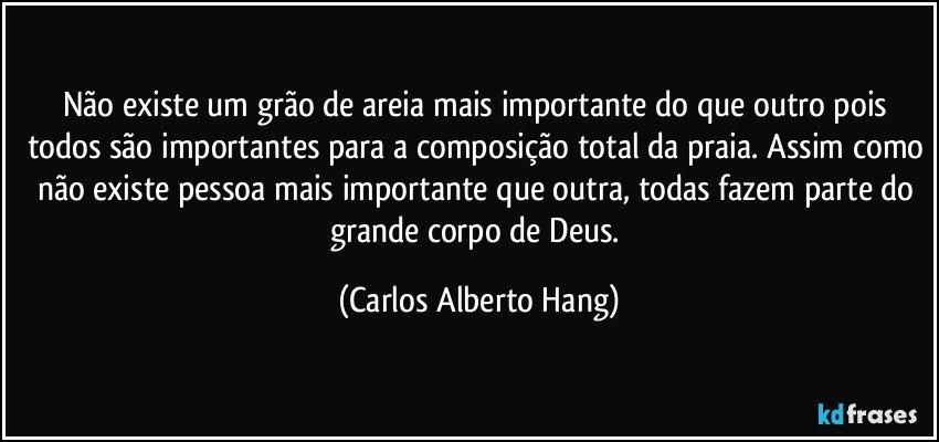 Não existe um grão de areia mais importante do que outro pois todos são importantes para a composição total da praia. Assim como não existe pessoa mais importante que outra, todas fazem parte do grande corpo de Deus. (Carlos Alberto Hang)