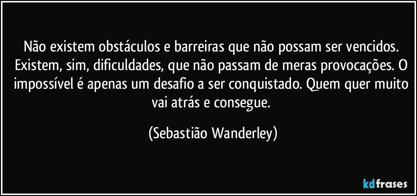 Não existem obstáculos e barreiras que não possam ser vencidos. Existem, sim, dificuldades, que não passam de meras provocações. O impossível é apenas um desafio a ser conquistado. Quem quer muito vai atrás e consegue. (Sebastião Wanderley)