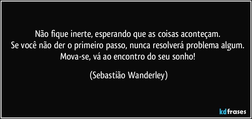 Não fique inerte, esperando que as coisas aconteçam. 
Se você não der o primeiro passo, nunca resolverá problema algum. 
Mova-se, vá ao encontro do seu sonho! (Sebastião Wanderley)