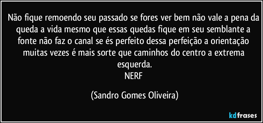 Não fique remoendo seu passado se fores ver bem não vale a pena da queda a vida mesmo que essas quedas fique em seu semblante a fonte não faz o canal se és perfeito dessa perfeição a orientação muitas vezes é mais sorte que caminhos do centro a extrema esquerda.
NERF (Sandro Gomes Oliveira)