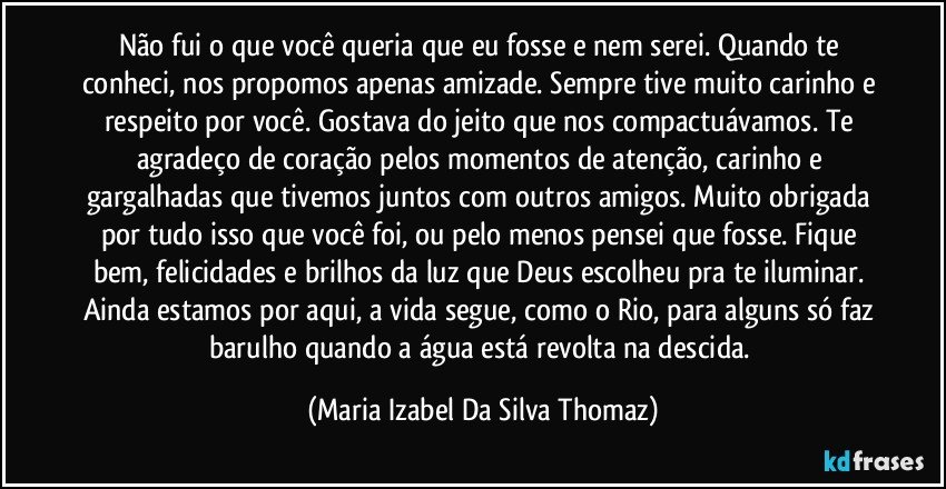 Não fui o que você queria que eu fosse e nem serei. Quando te conheci, nos propomos apenas amizade. Sempre tive muito carinho e respeito por você. Gostava do jeito que nos compactuávamos. Te agradeço de coração pelos momentos de atenção, carinho e gargalhadas que tivemos juntos com outros amigos. Muito obrigada por tudo isso que você foi, ou pelo menos pensei que fosse. Fique bem, felicidades e brilhos da luz que Deus escolheu pra te iluminar. Ainda estamos por aqui, a vida segue, como o Rio, para alguns só faz barulho quando a água está revolta na descida. (Maria Izabel Da Silva Thomaz)