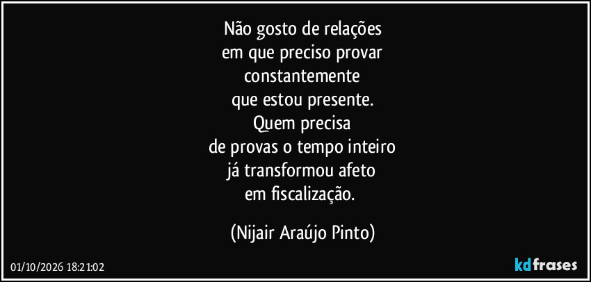 Não gosto de relações
em que preciso provar
constantemente
que estou presente.
Quem precisa
de provas o tempo inteiro
já transformou afeto
em fiscalização. (Nijair Araújo Pinto)
