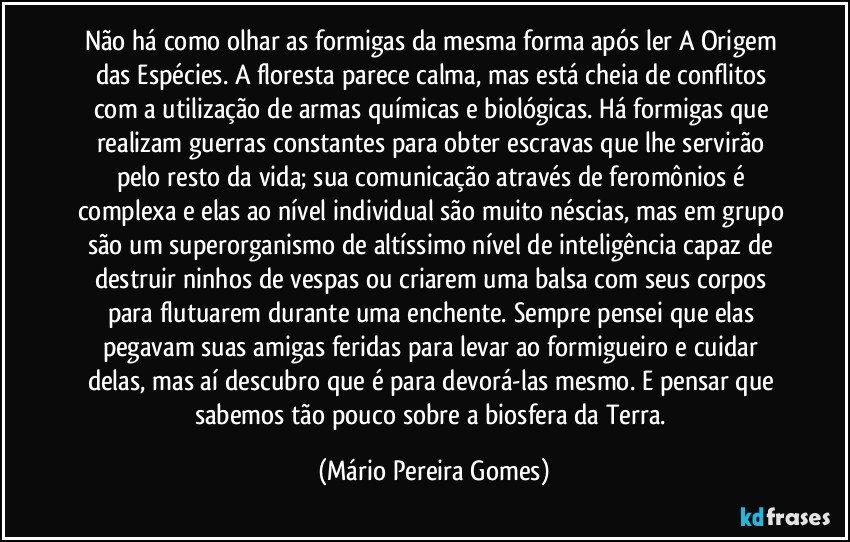 Não há como olhar as formigas da mesma forma após ler A Origem das Espécies. A floresta parece calma, mas está cheia de conflitos com a utilização de armas químicas e biológicas. Há formigas que realizam guerras constantes para obter escravas que lhe servirão pelo resto da vida; sua comunicação através de feromônios é complexa e elas ao nível individual são muito néscias, mas em grupo são um superorganismo de altíssimo nível de inteligência capaz de destruir ninhos de vespas ou criarem uma balsa com seus corpos para flutuarem durante uma enchente. Sempre pensei que elas pegavam suas amigas feridas para levar ao formigueiro e cuidar delas, mas aí descubro que é para devorá-las mesmo. E pensar que sabemos tão pouco sobre a biosfera da Terra. (Mário Pereira Gomes)