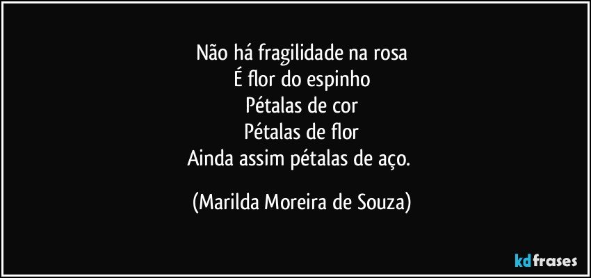 Não há fragilidade na rosa
É flor do espinho
Pétalas de cor
Pétalas de flor
Ainda assim pétalas de aço. (Marilda Moreira de Souza)