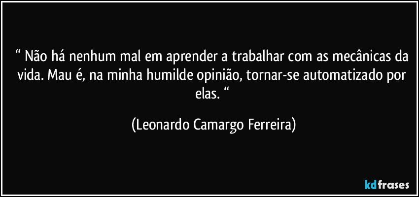 “ Não há nenhum mal em aprender a trabalhar com as mecânicas da vida. Mau é, na minha humilde opinião, tornar-se automatizado por elas. “ (Leonardo Camargo Ferreira)