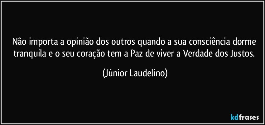 Não importa a opinião dos outros quando a sua consciência dorme tranquila e o seu coração tem a Paz de viver a Verdade dos Justos. (Júnior Laudelino)