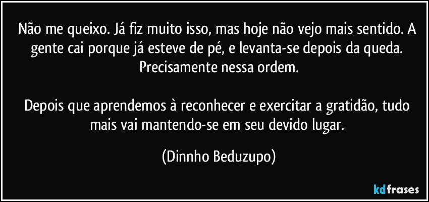 Não me queixo. Já fiz muito isso, mas hoje não vejo mais sentido. A gente cai porque já esteve de pé, e levanta-se depois da queda. Precisamente nessa ordem.

Depois que aprendemos à reconhecer e exercitar a gratidão, tudo mais vai mantendo-se em seu devido lugar. (Dinnho Beduzupo)