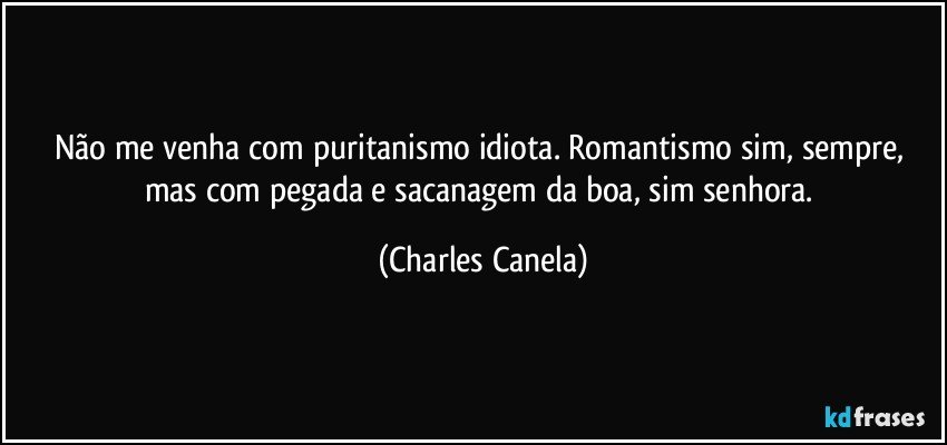 Não me venha com puritanismo idiota. Romantismo sim, sempre, mas com pegada e sacanagem da boa, sim senhora. (Charles Canela)