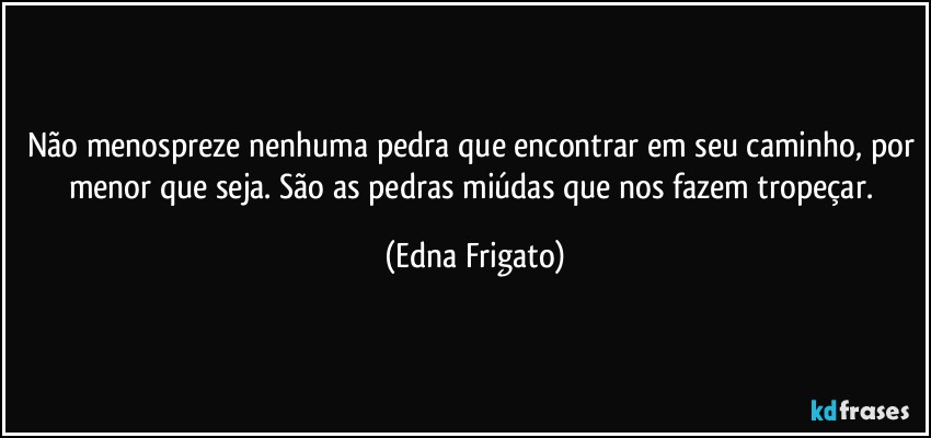 Não menospreze nenhuma pedra que encontrar em seu caminho, por menor que seja. São as pedras miúdas que nos fazem tropeçar. (Edna Frigato)