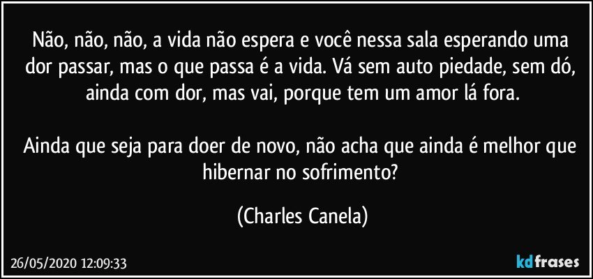 Não, não, não, a vida não espera e você nessa sala esperando uma dor passar, mas o que passa é a vida. Vá sem auto piedade, sem dó, ainda com dor, mas vai, porque tem um amor lá fora.

Ainda que seja para doer de novo, não acha que ainda é melhor que hibernar no sofrimento? (Charles Canela)