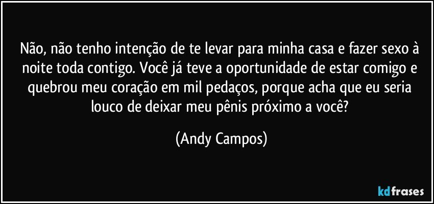Não, não tenho intenção de te levar para minha casa e fazer sexo à noite toda contigo. Você já teve a oportunidade de estar comigo e quebrou meu coração em mil pedaços, porque acha que eu seria louco de deixar meu pênis próximo a você? (Andy Campos)