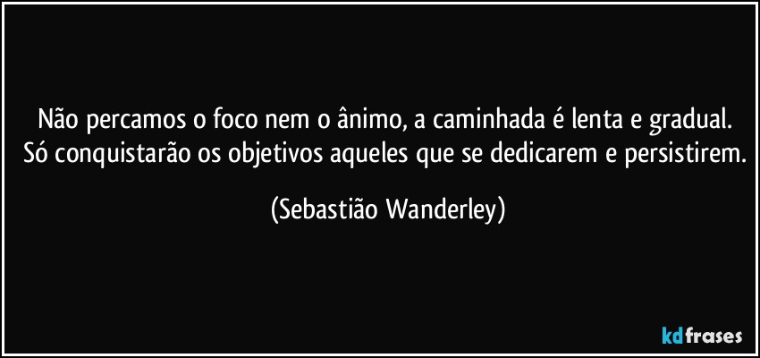 Não percamos o foco nem o ânimo, a caminhada é lenta e gradual. Só conquistarão os objetivos aqueles que se dedicarem e persistirem. (Sebastião Wanderley)