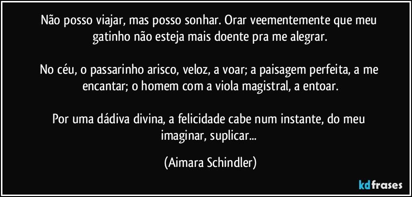 Não posso viajar, mas posso sonhar. Orar veementemente que meu gatinho não esteja mais doente pra me alegrar.

No céu, o passarinho arisco, veloz, a voar; a paisagem perfeita, a me encantar; o homem com a viola magistral, a entoar.

Por uma dádiva divina, a felicidade cabe num instante, do meu imaginar,  suplicar... (Aimara Schindler)