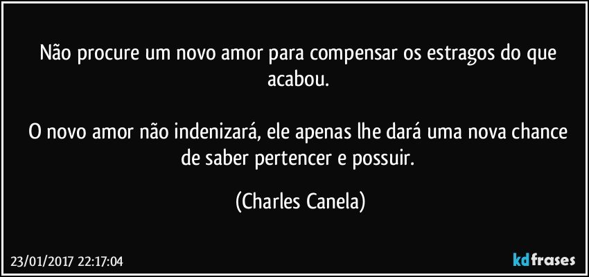 Não procure um novo amor para compensar os estragos do que acabou. 

O novo amor não indenizará, ele apenas lhe dará uma nova chance de saber pertencer e possuir. (Charles Canela)