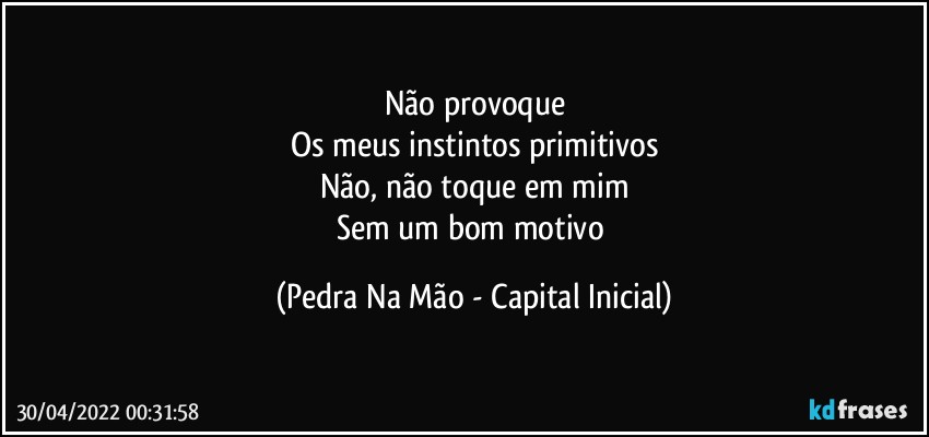 Não provoque
Os meus instintos primitivos
Não, não toque em mim
Sem um bom motivo (Pedra Na Mão - Capital Inicial)