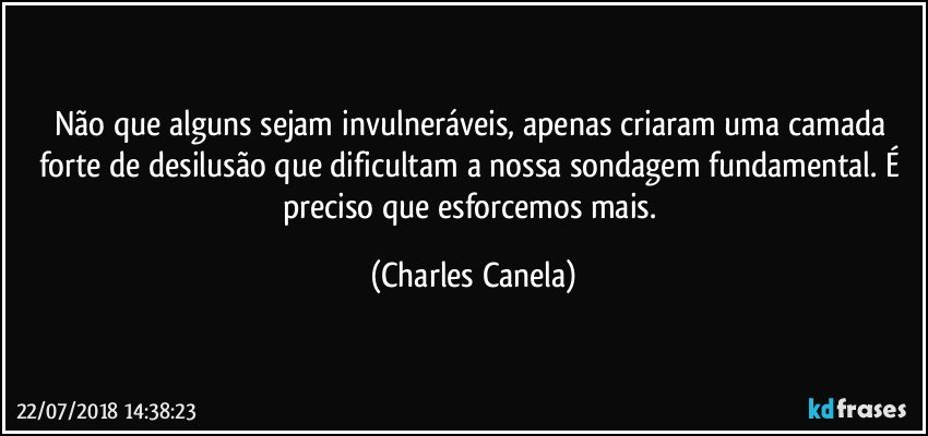 Não que alguns sejam invulneráveis, apenas criaram uma camada forte de desilusão que dificultam a nossa sondagem fundamental. É preciso que esforcemos mais. (Charles Canela)