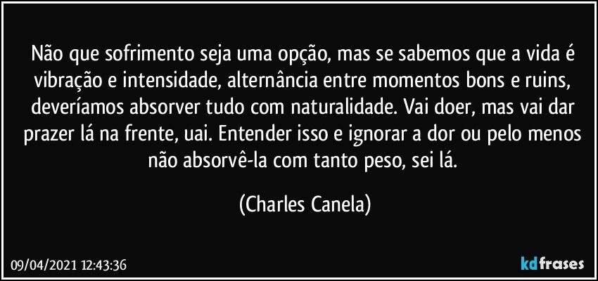 Não que sofrimento seja uma opção, mas se sabemos que a vida é vibração e intensidade, alternância entre momentos bons e ruins, deveríamos absorver tudo com naturalidade. Vai doer, mas vai dar prazer lá na frente, uai. Entender isso e ignorar a dor ou pelo menos não absorvê-la com tanto peso, sei lá. (Charles Canela)