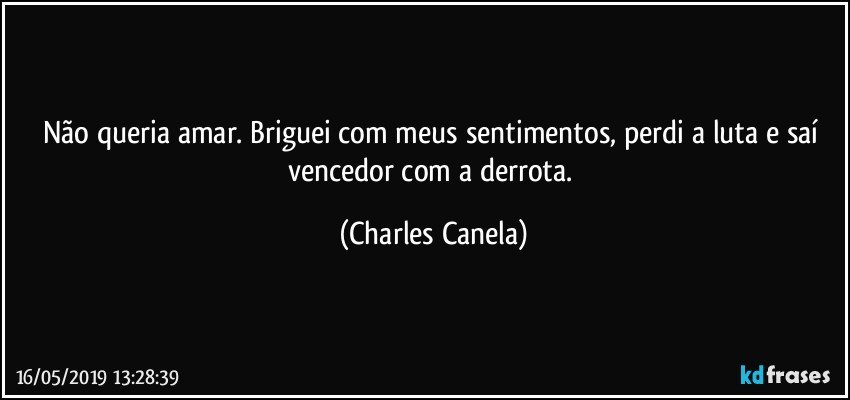 Não queria amar. Briguei com meus sentimentos, perdi a luta e saí vencedor com a derrota. (Charles Canela)