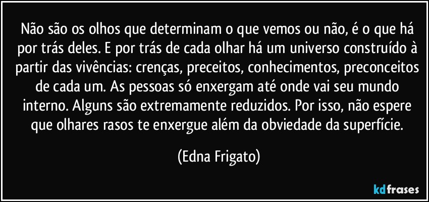 Não são os olhos que determinam o que vemos ou não,  é o que há por trás deles. E por trás de cada olhar há um universo construído à partir das vivências: crenças, preceitos, conhecimentos, preconceitos de cada um. As pessoas só enxergam até onde vai seu mundo interno.  Alguns são extremamente reduzidos. Por isso,  não espere que olhares rasos te enxergue além da obviedade da  superfície. (Edna Frigato)