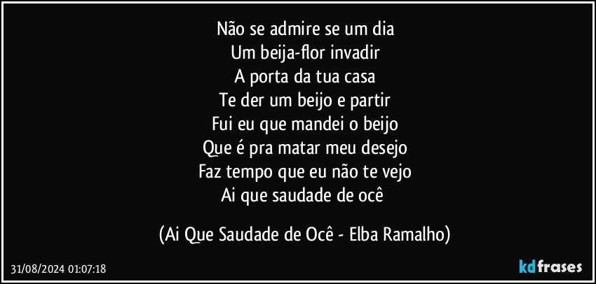 Não se admire se um dia
Um beija-flor invadir
A porta da tua casa
Te der um beijo e partir
Fui eu que mandei o beijo
Que é pra matar meu desejo
Faz tempo que eu não te vejo
Ai que saudade de ocê (Ai Que Saudade de Ocê - Elba Ramalho)