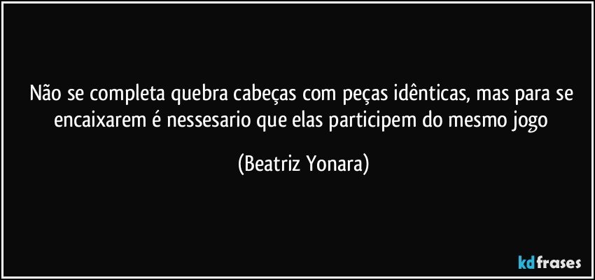 Não se completa quebra cabeças com peças idênticas, mas para se encaixarem é nessesario que elas participem do mesmo jogo (Beatriz Yonara)