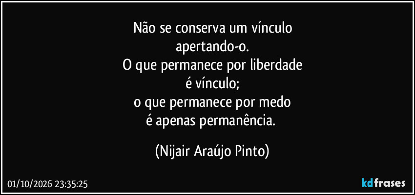 Não se conserva um vínculo
apertando-o.
O que permanece por liberdade
é vínculo;
o que permanece por medo
é apenas permanência. (Nijair Araújo Pinto)