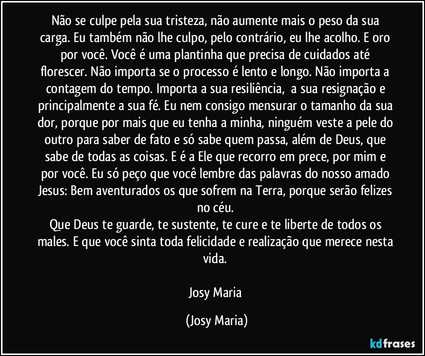 Não se culpe pela sua tristeza, não aumente mais o peso da sua carga. Eu também não lhe culpo, pelo contrário, eu lhe acolho. E oro por você. Você é uma plantinha que precisa de cuidados até florescer. Não importa se o processo é lento e longo. Não importa a contagem do tempo. Importa a sua resiliência,  a sua resignação e principalmente a sua fé. Eu nem consigo mensurar o tamanho da sua dor, porque por mais que eu tenha a minha, ninguém veste a pele do outro para saber de fato e só sabe quem passa, além de Deus, que sabe de todas as coisas. E é a Ele que recorro em prece, por mim e por você. Eu só peço que você lembre das palavras do nosso amado Jesus: Bem aventurados os que sofrem na Terra, porque serão felizes no céu. 
Que Deus te guarde, te sustente, te cure e te liberte de todos os males. E que você sinta toda felicidade e realização que merece nesta vida. 

Josy Maria (Josy Maria)