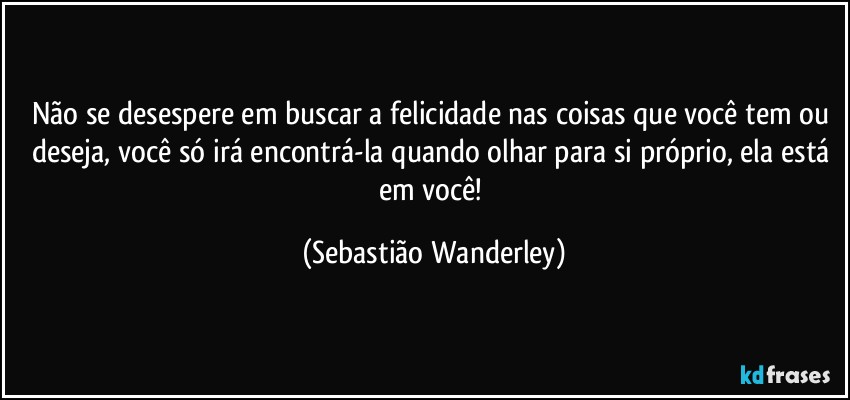 Não se desespere em buscar a felicidade nas coisas que você tem ou deseja, você só irá encontrá-la quando olhar para si próprio, ela está em você! (Sebastião Wanderley)