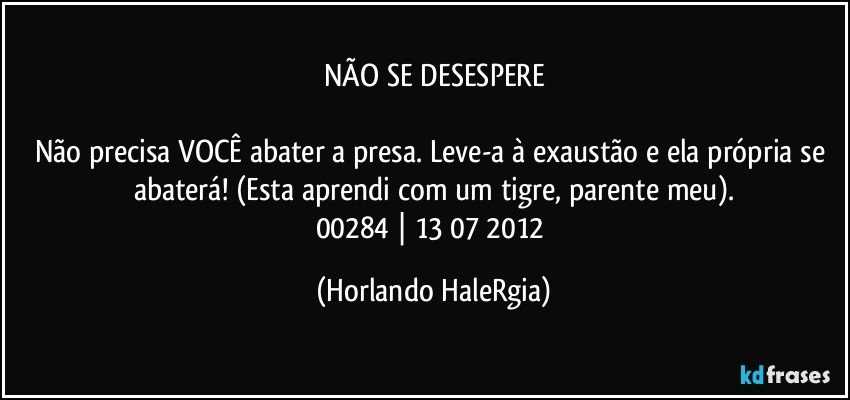 NÃO SE DESESPERE

Não precisa VOCÊ abater a presa. Leve-a à exaustão e ela própria se abaterá! (Esta aprendi com um tigre, parente meu).
00284 | 13/07/2012 (Horlando HaleRgia)