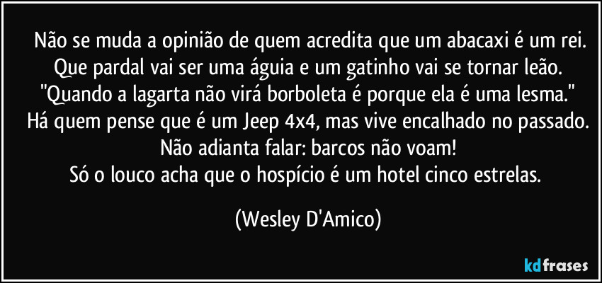 ⁠Não se muda a opinião de quem acredita que um abacaxi é um rei.
Que pardal vai ser uma águia e um gatinho vai se tornar leão.
"Quando a lagarta não virá borboleta é porque ela é uma lesma."
Há quem pense que é um Jeep 4x4, mas vive encalhado no passado.
Não adianta falar: barcos não voam!
Só o louco acha que o hospício é um hotel cinco estrelas. (Wesley D'Amico)