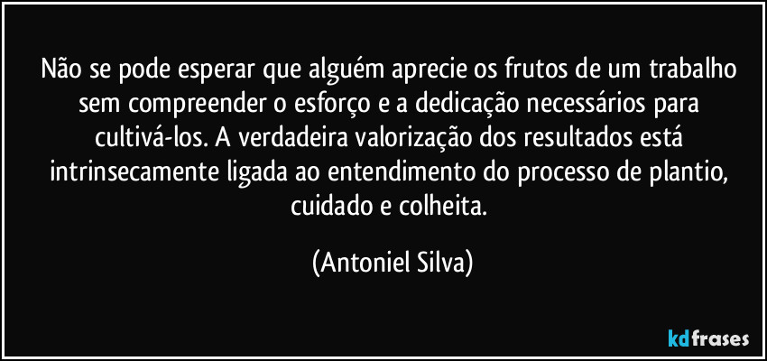 Não se pode esperar que alguém aprecie os frutos de um trabalho sem compreender o esforço e a dedicação necessários para cultivá-los. A verdadeira valorização dos resultados está intrinsecamente ligada ao entendimento do processo de plantio, cuidado e colheita. (Antoniel Silva)