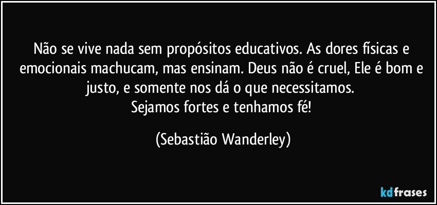 Não se vive nada sem propósitos educativos. As dores físicas e emocionais machucam, mas ensinam. Deus não é cruel, Ele é bom e justo, e somente nos dá o que necessitamos. 
Sejamos fortes e tenhamos fé! (Sebastião Wanderley)